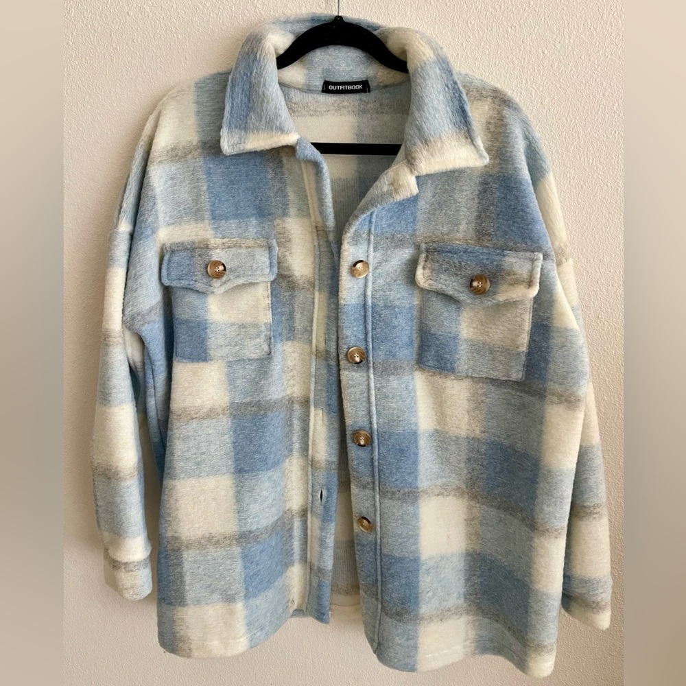Blue White and Grey Checked Plaid Shacket
